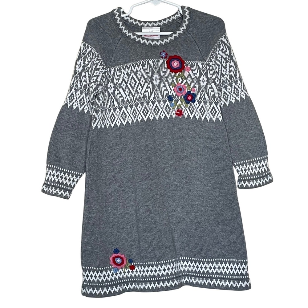 Hanna Andersson Kids Gray Fair Isle Floral Embroidered Cotton Sweater Dress 5yrs